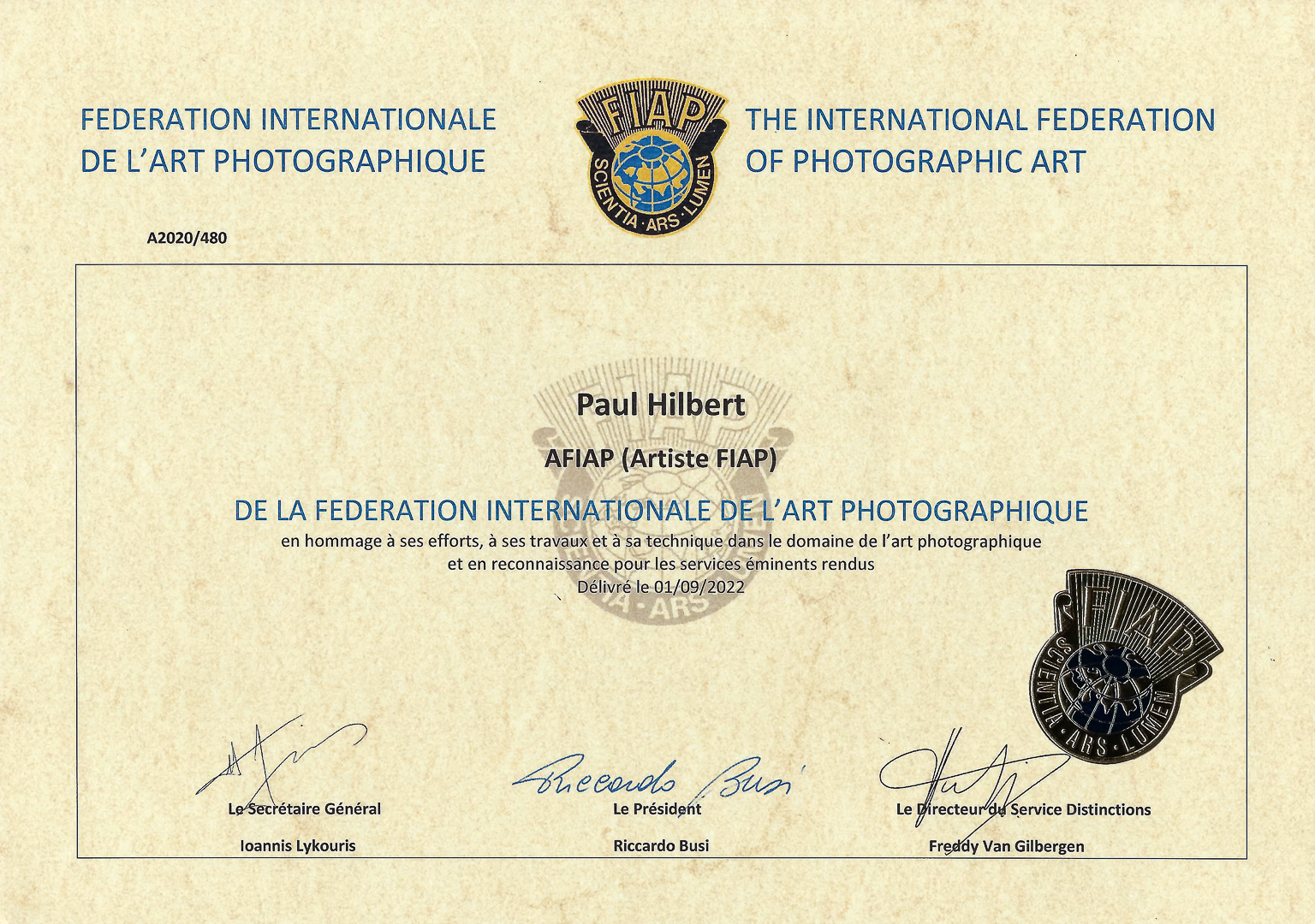 DISTINCTION AFIAP (ARTISTE FIAP); INTERNATIONAL FEDERATION OF PHOTOGRAPHIC ART; Paul Hilbert